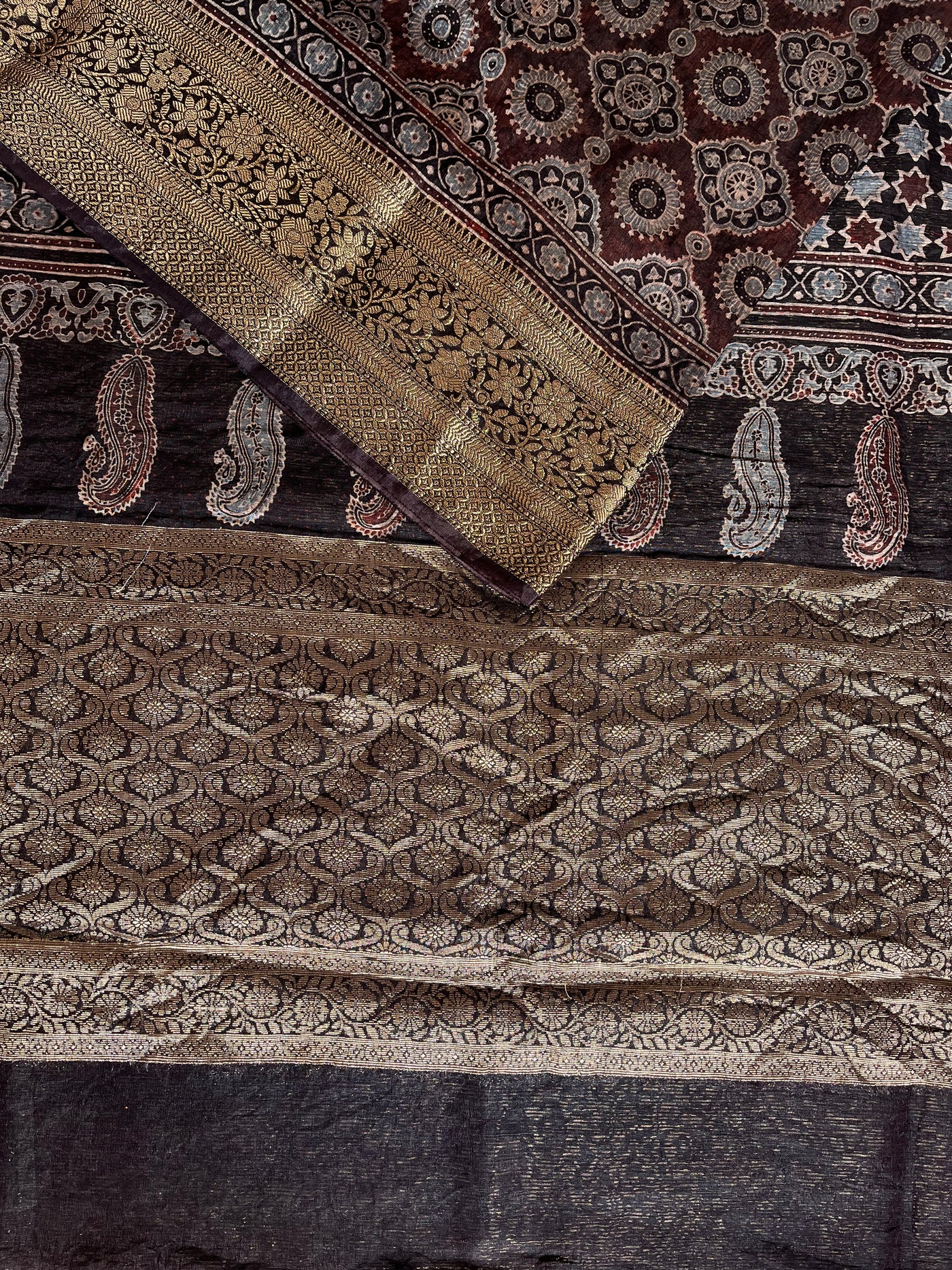 SHANTI: HANDBLOCK AJRAKH PURE SILK-LINEN SAREE with MEENAKARI BORDER