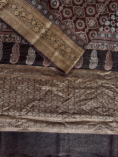 SHANTI: HANDBLOCK AJRAKH PURE SILK-LINEN SAREE with MEENAKARI BORDER