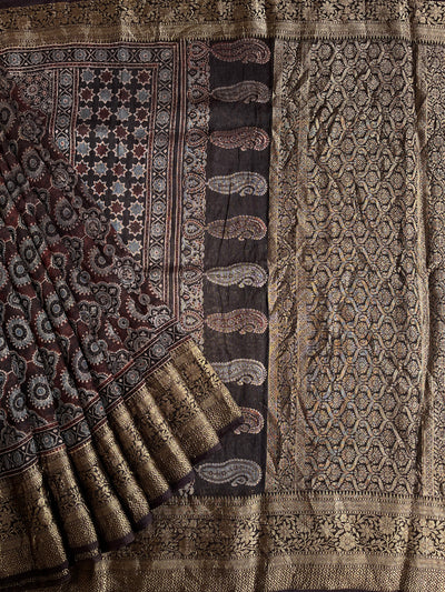 SHANTI: HANDBLOCK AJRAKH PURE SILK-LINEN SAREE with MEENAKARI BORDER