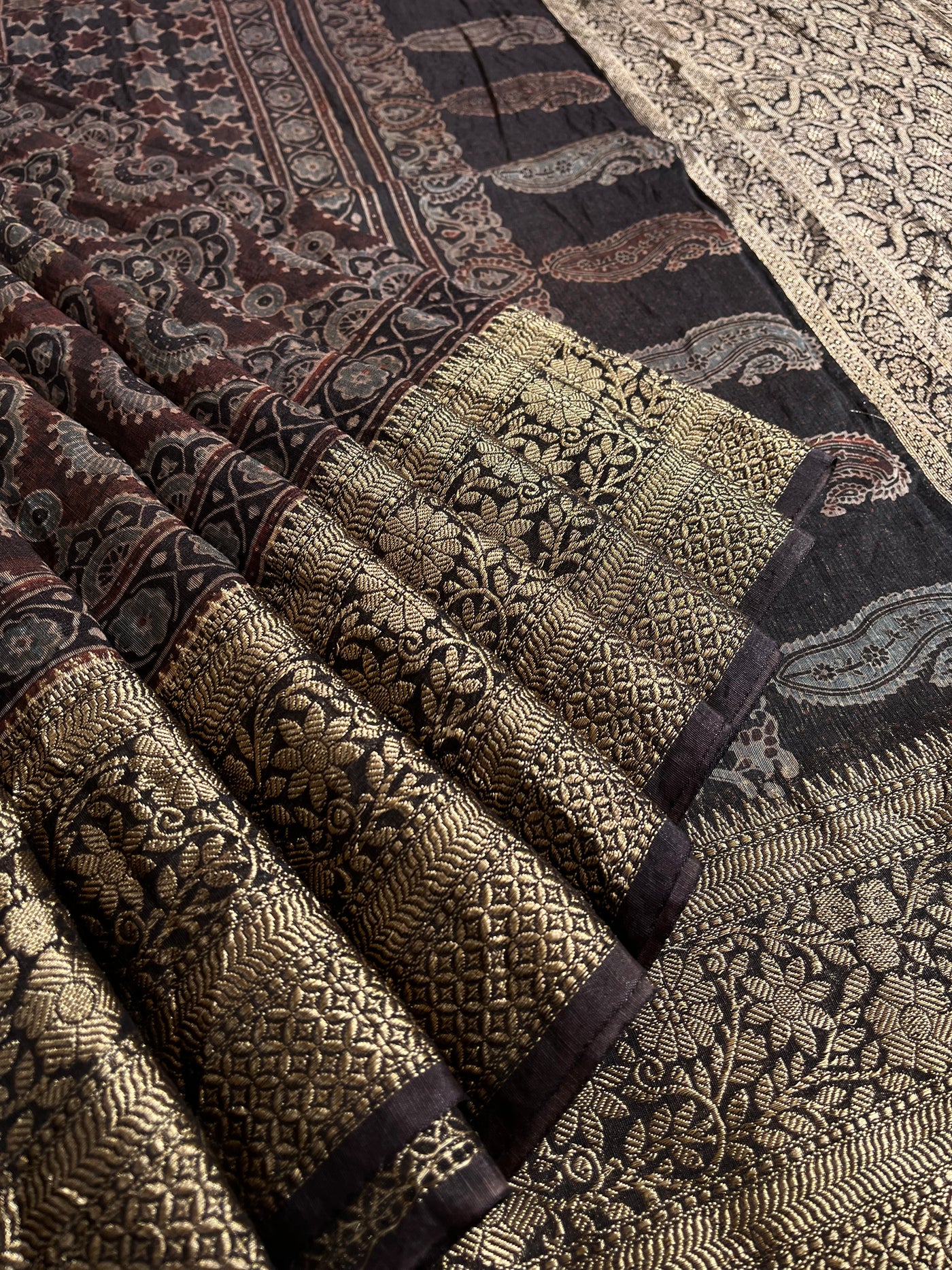 SHANTI: HANDBLOCK AJRAKH PURE SILK-LINEN SAREE with MEENAKARI BORDER