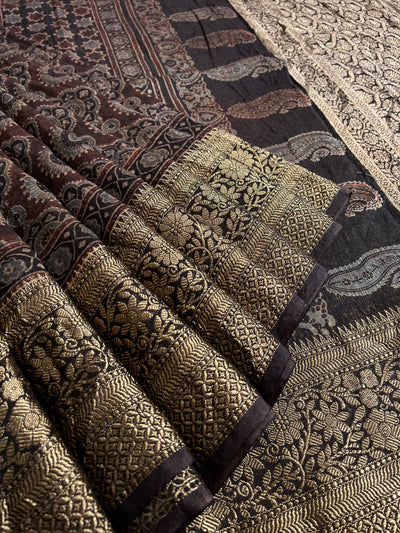 SHANTI: HANDBLOCK AJRAKH PURE SILK-LINEN SAREE with MEENAKARI BORDER