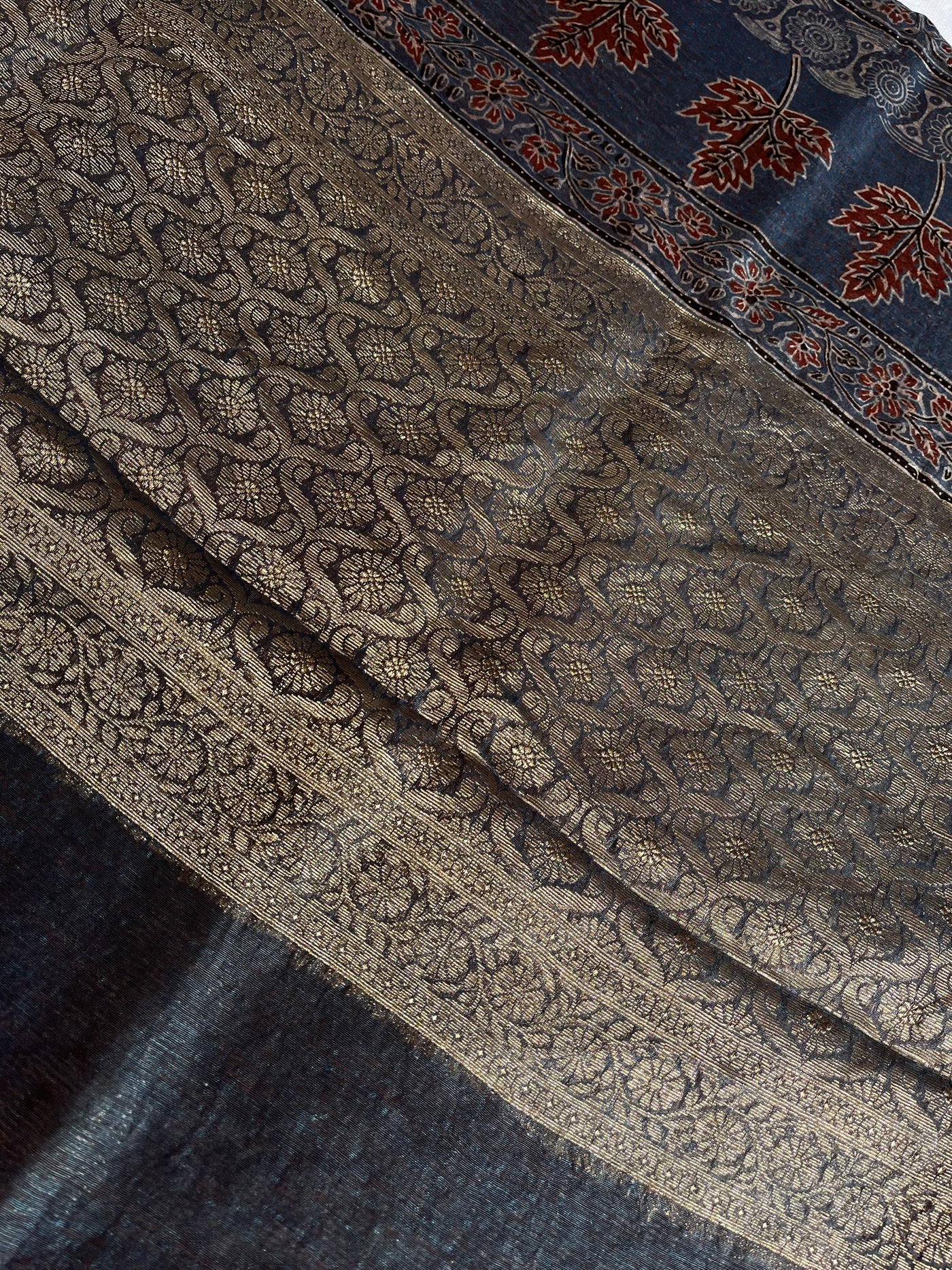 PRIYADARSHINI: HANDBLOCK AJRAKH PURE SILK-LINEN SAREE with MEENAKARI BORDER