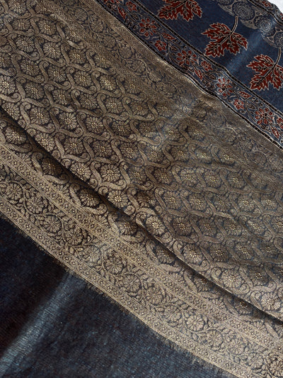 PRIYADARSHINI: HANDBLOCK AJRAKH PURE SILK-LINEN SAREE with MEENAKARI BORDER