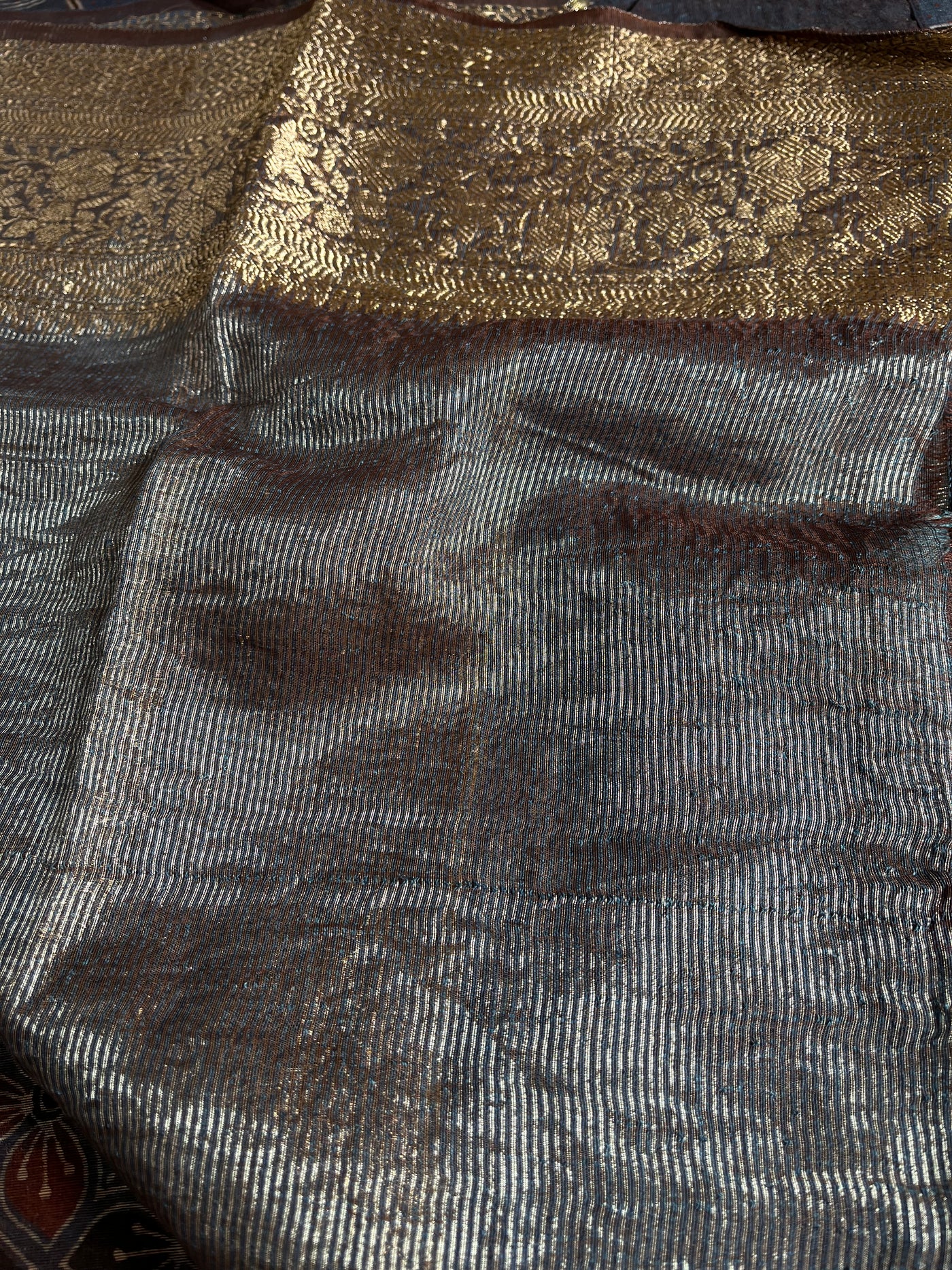PRIYADARSHINI: HANDBLOCK AJRAKH PURE SILK-LINEN SAREE with MEENAKARI BORDER