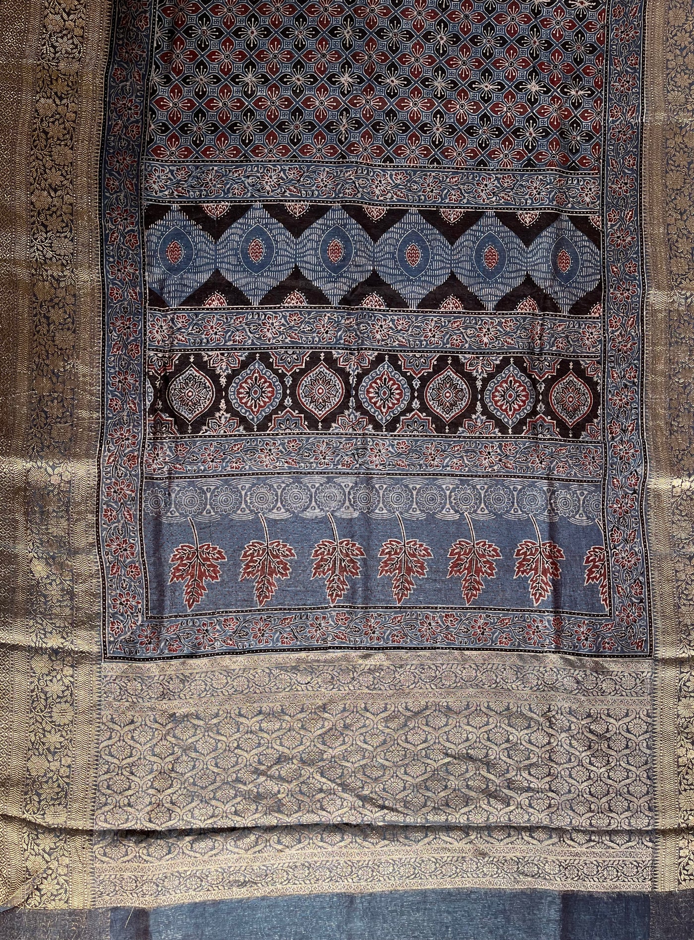 PRIYADARSHINI: HANDBLOCK AJRAKH PURE SILK-LINEN SAREE with MEENAKARI BORDER