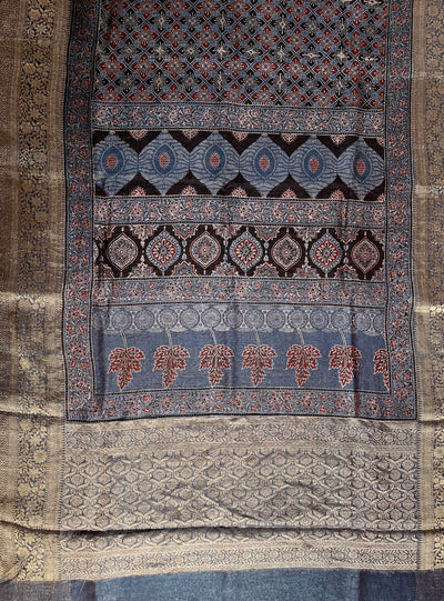 PRIYADARSHINI: HANDBLOCK AJRAKH PURE SILK-LINEN SAREE with MEENAKARI BORDER