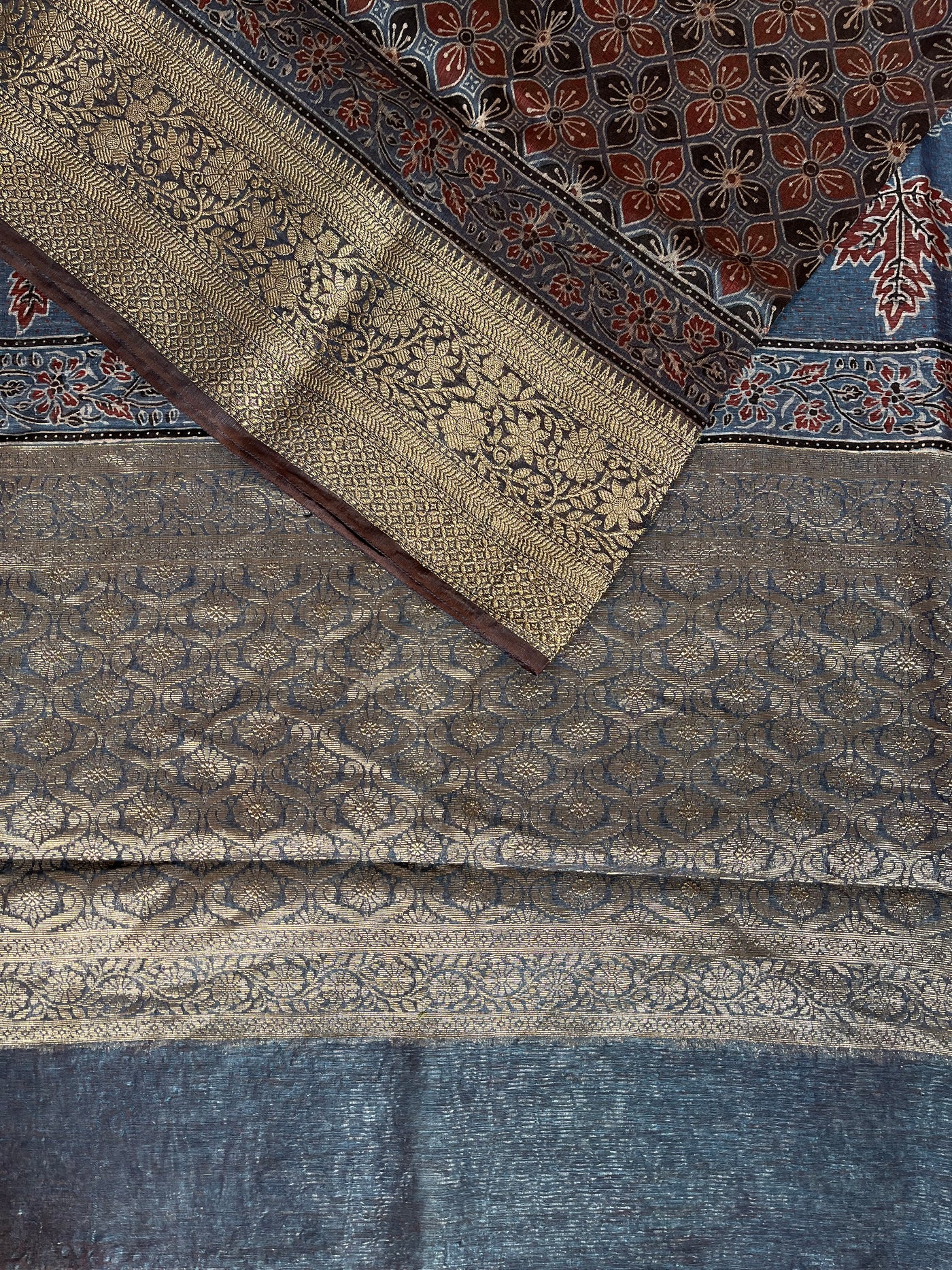 PRIYADARSHINI: HANDBLOCK AJRAKH PURE SILK-LINEN SAREE with MEENAKARI BORDER