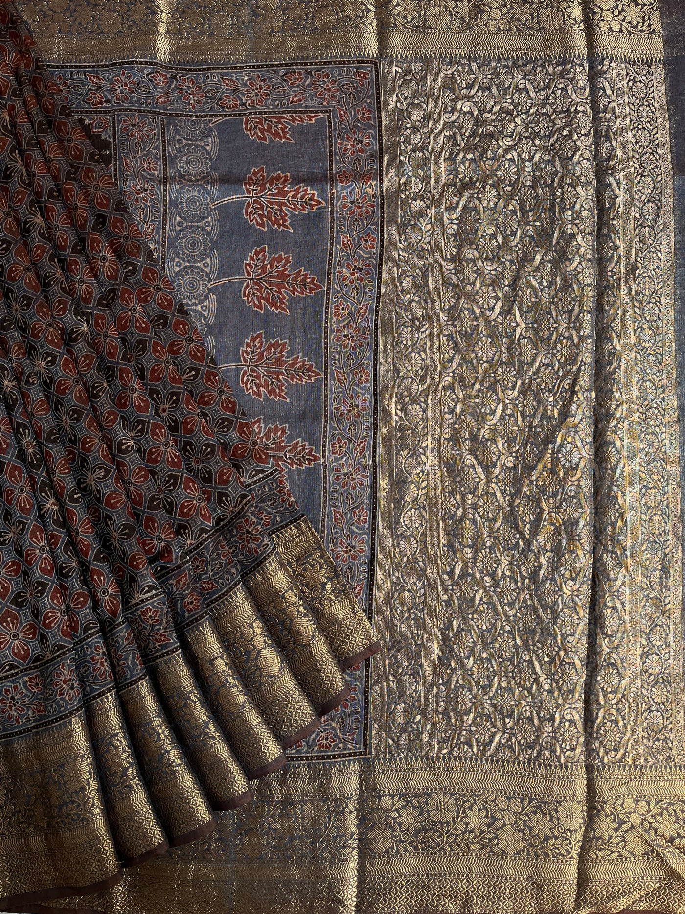 PRIYADARSHINI: HANDBLOCK AJRAKH PURE SILK-LINEN SAREE with MEENAKARI BORDER