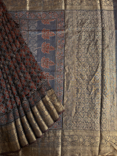 PRIYADARSHINI: HANDBLOCK AJRAKH PURE SILK-LINEN SAREE with MEENAKARI BORDER