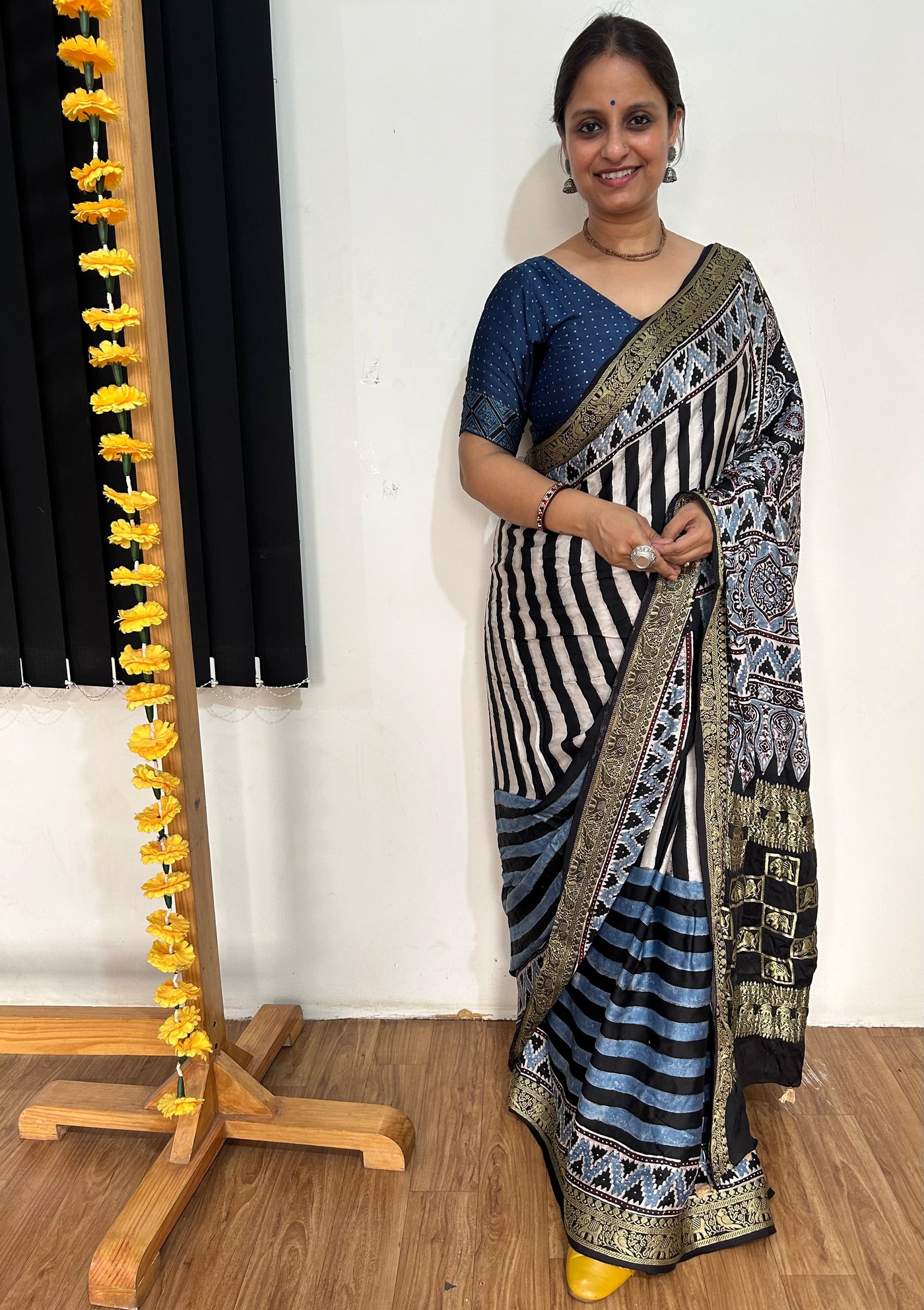 SHEHNAI: Handblock Printed Ajrakh Modal Silk Meenakari Pallu Saree