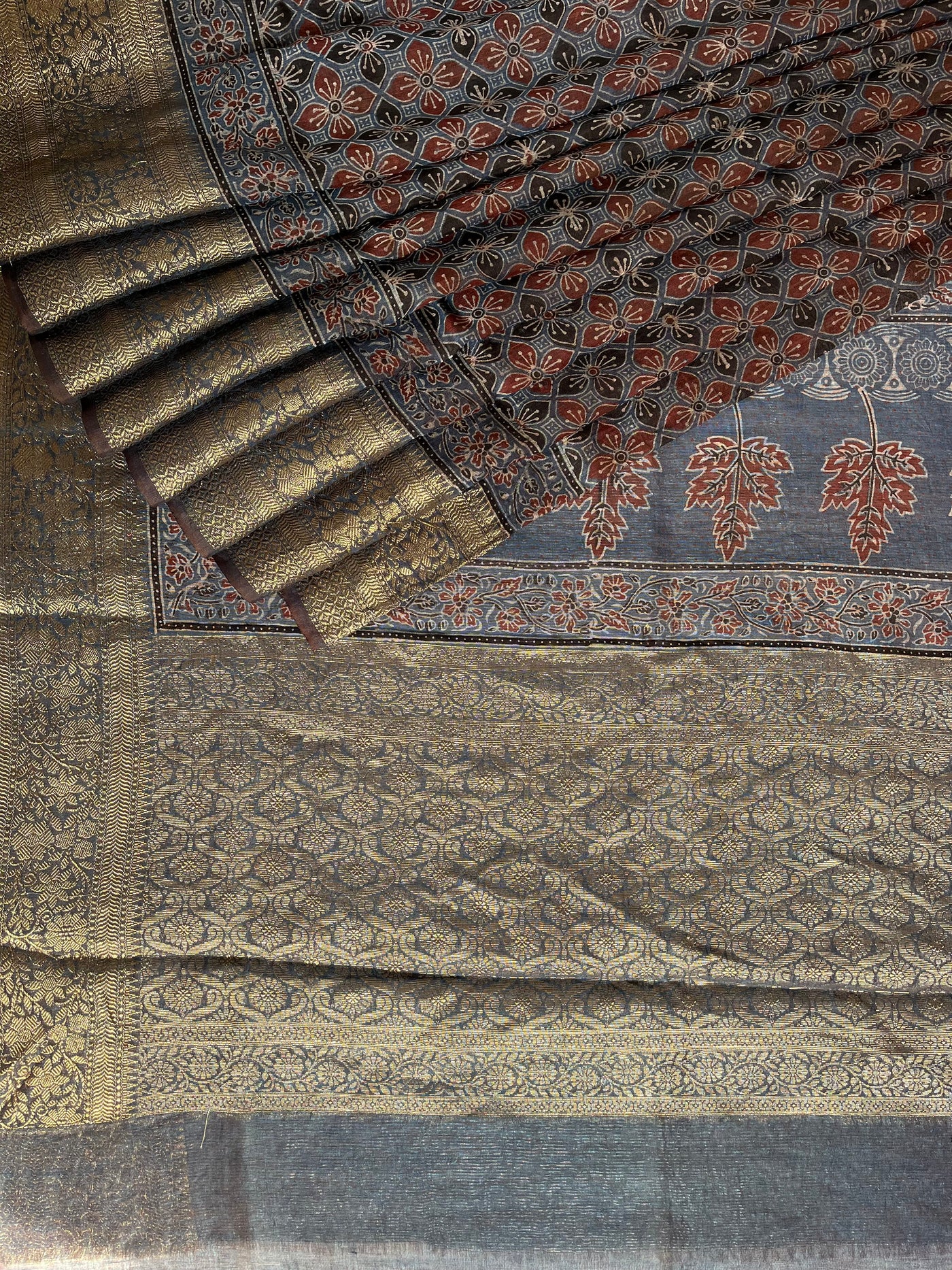 PRIYADARSHINI: HANDBLOCK AJRAKH PURE SILK-LINEN SAREE with MEENAKARI BORDER