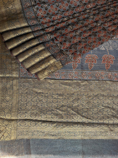 PRIYADARSHINI: HANDBLOCK AJRAKH PURE SILK-LINEN SAREE with MEENAKARI BORDER