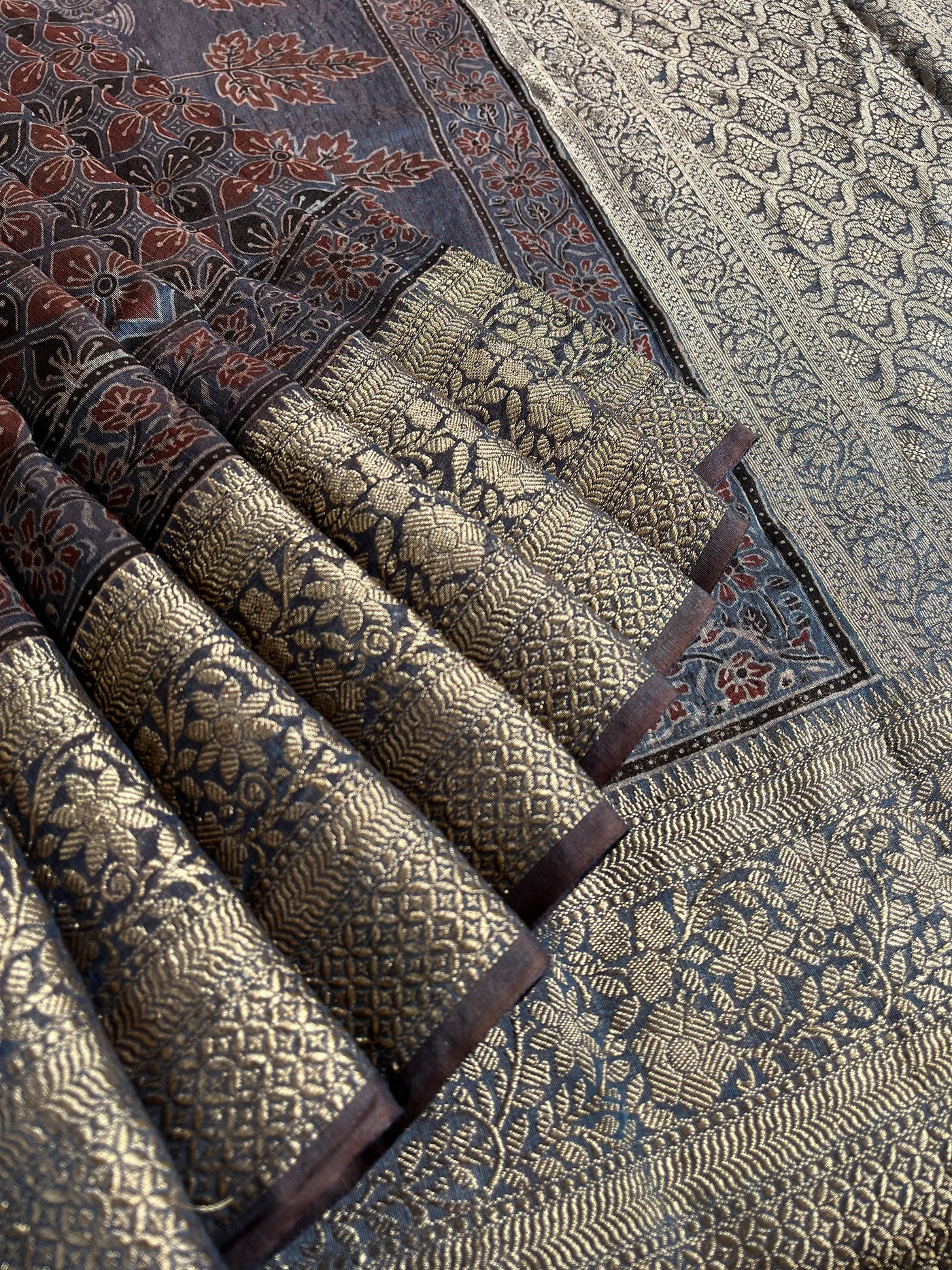 PRIYADARSHINI: HANDBLOCK AJRAKH PURE SILK-LINEN SAREE with MEENAKARI BORDER
