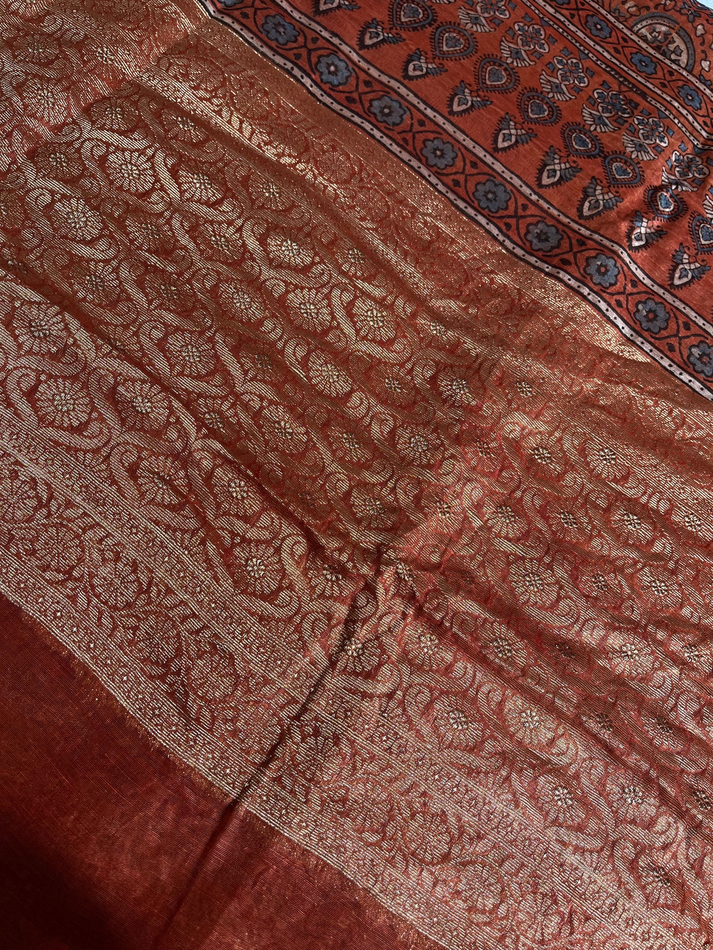 MEENAKSHI: HANDBLOCK AJRAKH PURE SILK-LINEN SAREE with MEENAKARI BORDER