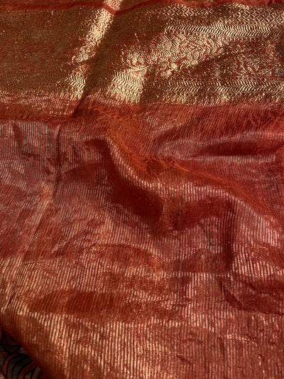 MEENAKSHI: HANDBLOCK AJRAKH PURE SILK-LINEN SAREE with MEENAKARI BORDER