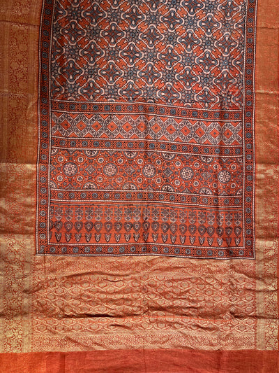 MEENAKSHI: HANDBLOCK AJRAKH PURE SILK-LINEN SAREE with MEENAKARI BORDER
