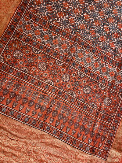 MEENAKSHI: HANDBLOCK AJRAKH PURE SILK-LINEN SAREE with MEENAKARI BORDER