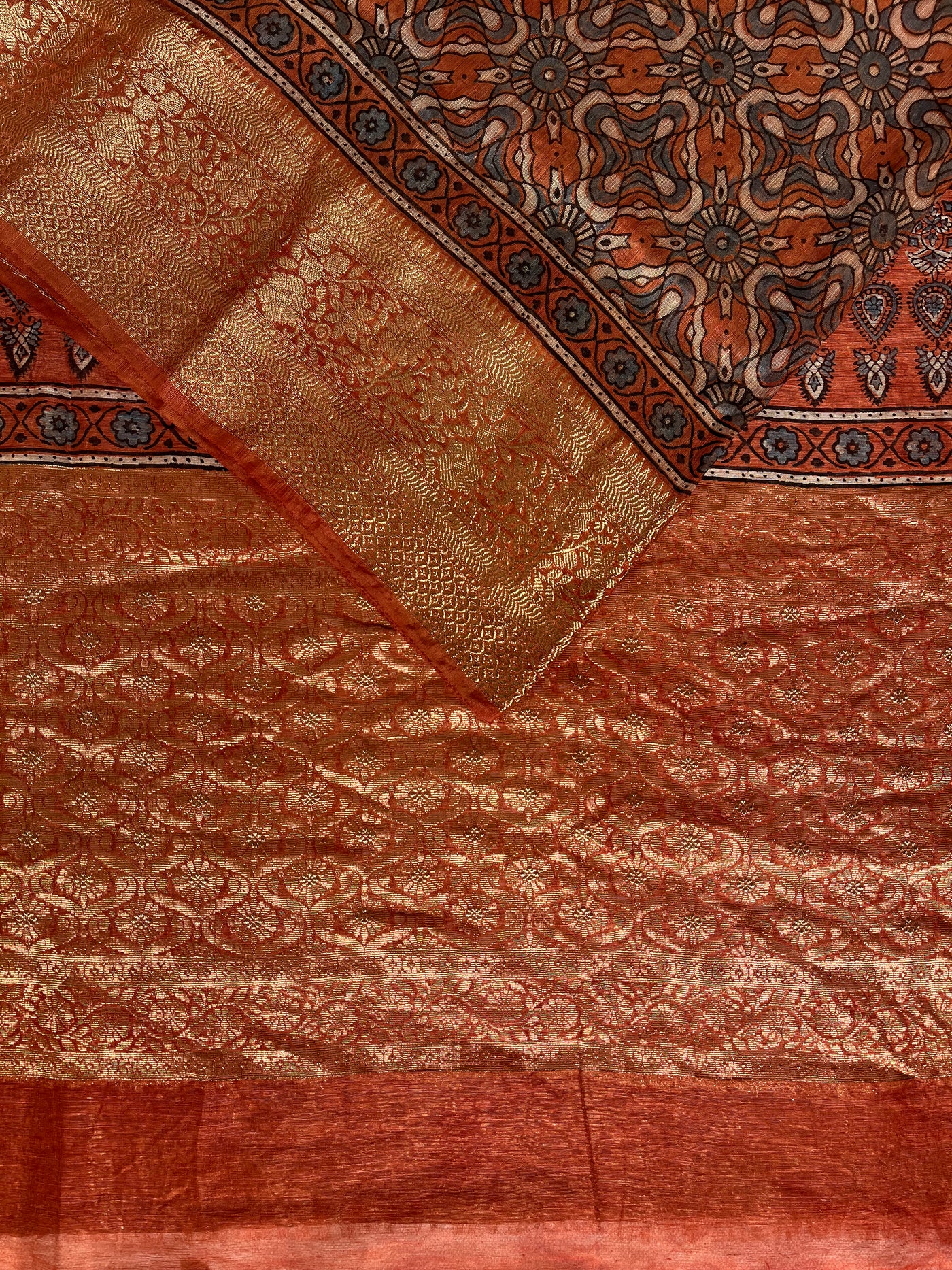 MEENAKSHI: HANDBLOCK AJRAKH PURE SILK-LINEN SAREE with MEENAKARI BORDER