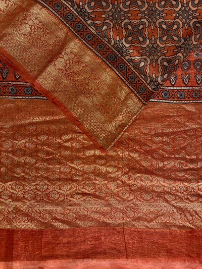 MEENAKSHI: HANDBLOCK AJRAKH PURE SILK-LINEN SAREE with MEENAKARI BORDER