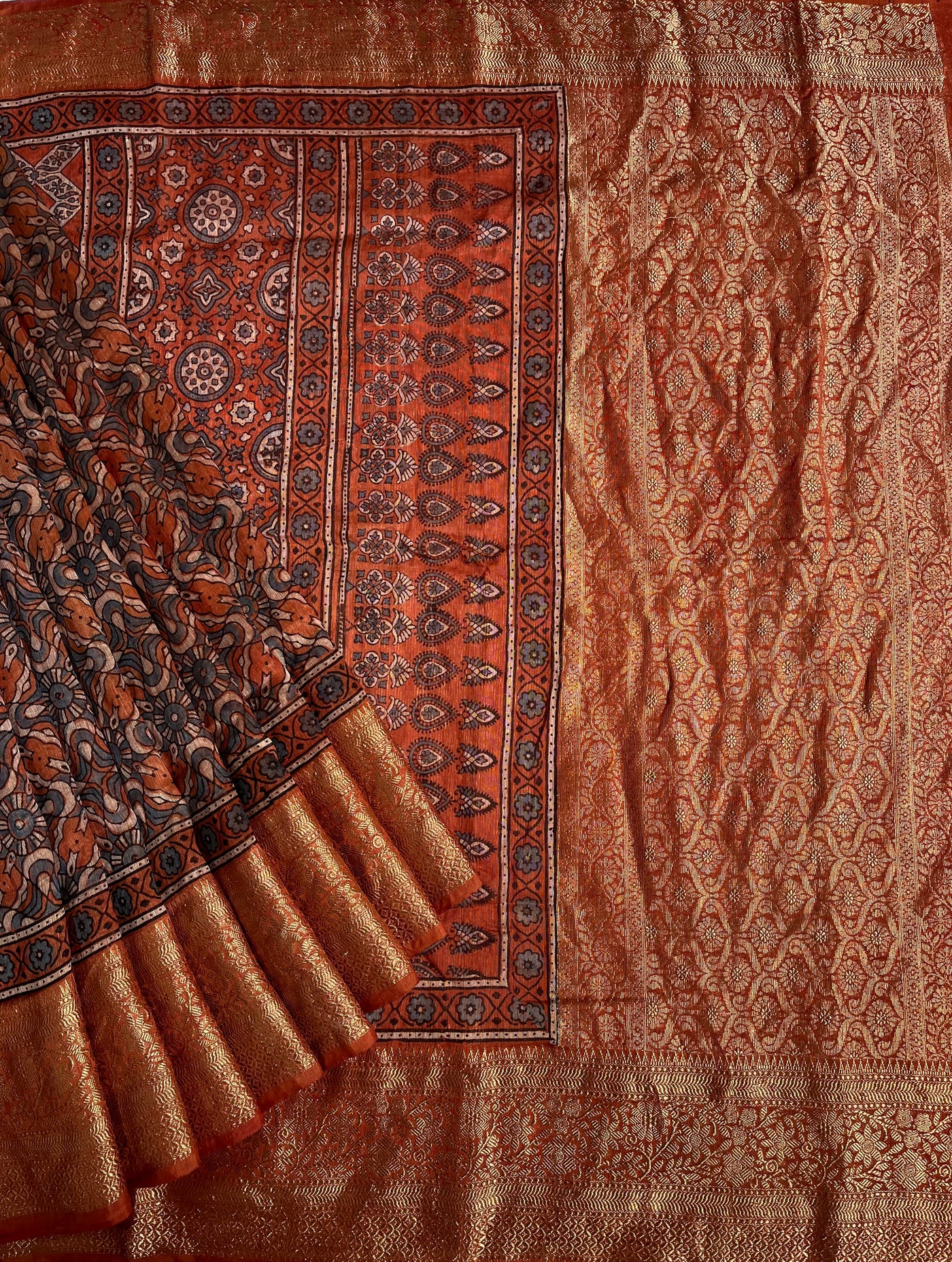 MEENAKSHI: HANDBLOCK AJRAKH PURE SILK-LINEN SAREE with MEENAKARI BORDER