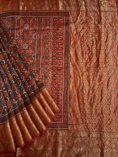 MEENAKSHI: HANDBLOCK AJRAKH PURE SILK-LINEN SAREE with MEENAKARI BORDER