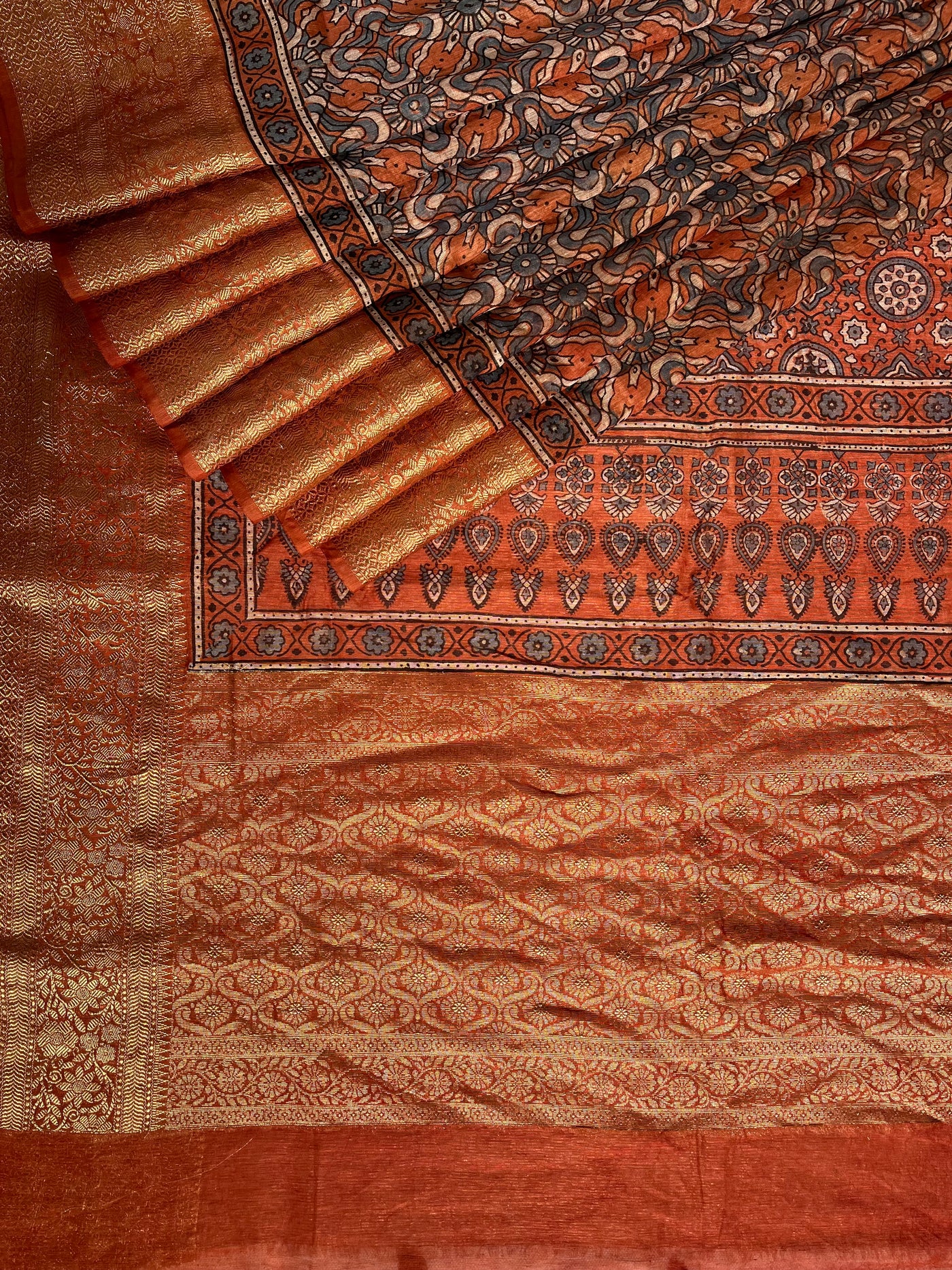 MEENAKSHI: HANDBLOCK AJRAKH PURE SILK-LINEN SAREE with MEENAKARI BORDER