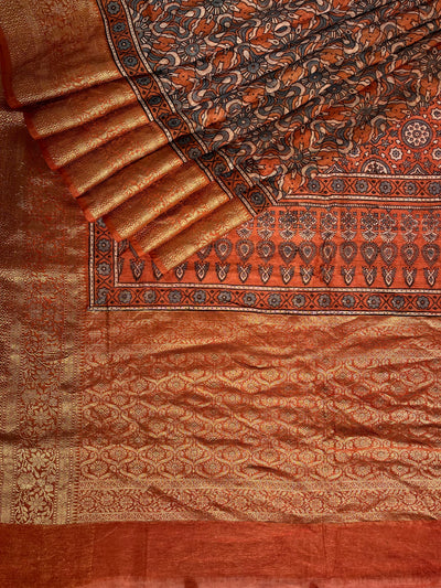 MEENAKSHI: HANDBLOCK AJRAKH PURE SILK-LINEN SAREE with MEENAKARI BORDER