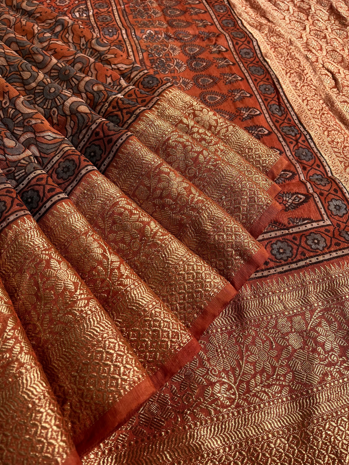 MEENAKSHI: HANDBLOCK AJRAKH PURE SILK-LINEN SAREE with MEENAKARI BORDER
