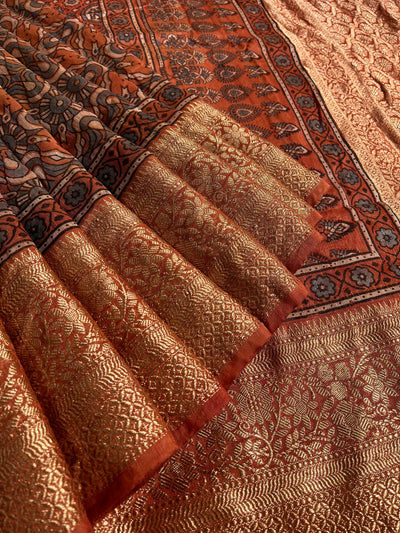 MEENAKSHI: HANDBLOCK AJRAKH PURE SILK-LINEN SAREE with MEENAKARI BORDER