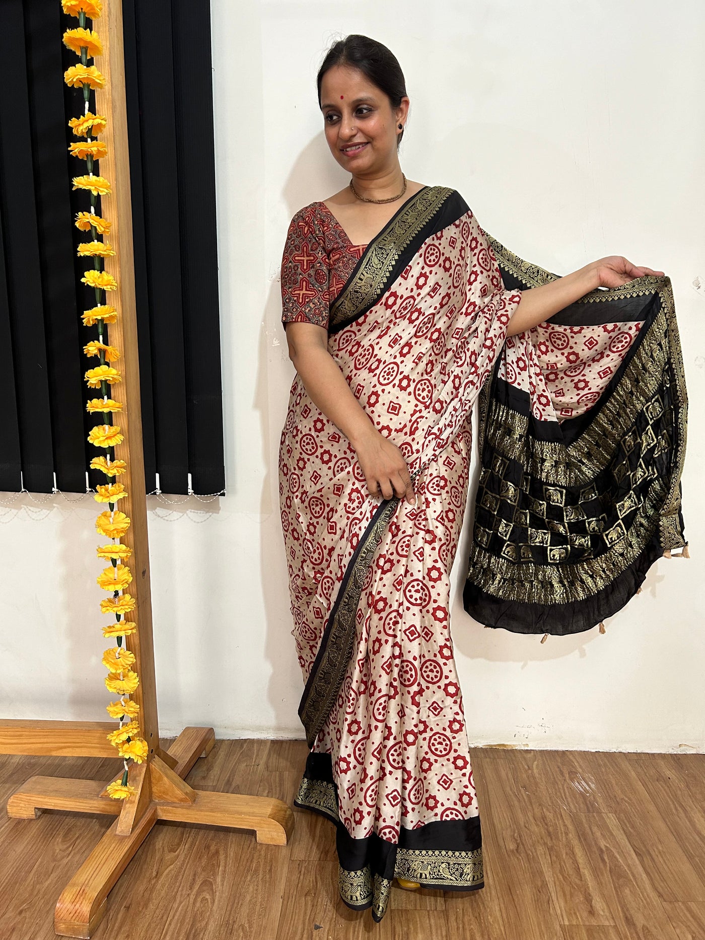 NAKSHATRA: Handblock Printed Ajrakh Modal silk Meenakari Pallu Saree