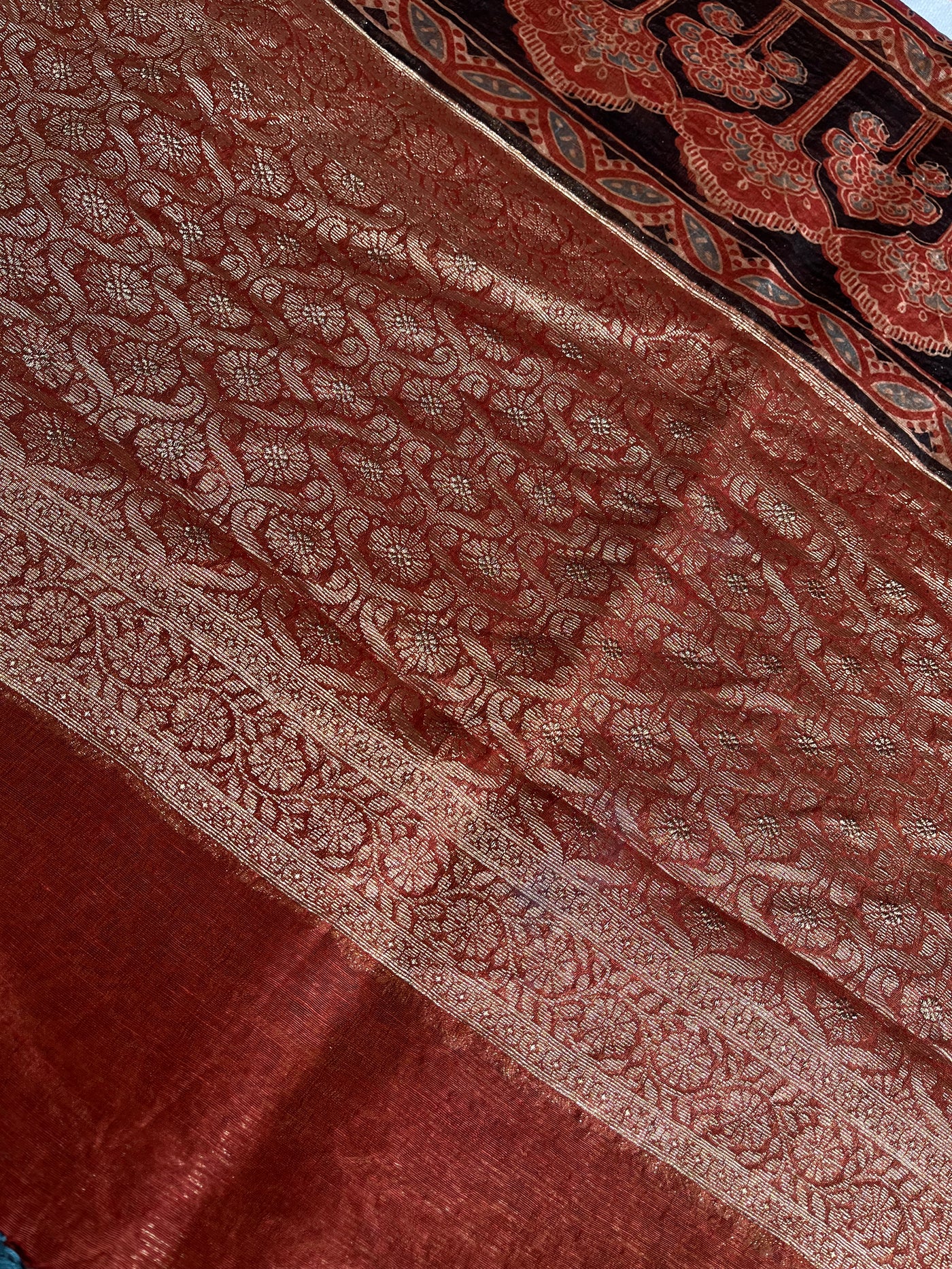 KAVYANJALI: HANDBLOCK AJRAKH PURE SILK-LINEN SAREE with MEENAKARI BORDER