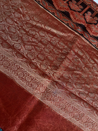 KAVYANJALI: HANDBLOCK AJRAKH PURE SILK-LINEN SAREE with MEENAKARI BORDER