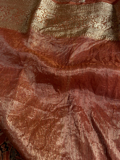 KAVYANJALI: HANDBLOCK AJRAKH PURE SILK-LINEN SAREE with MEENAKARI BORDER