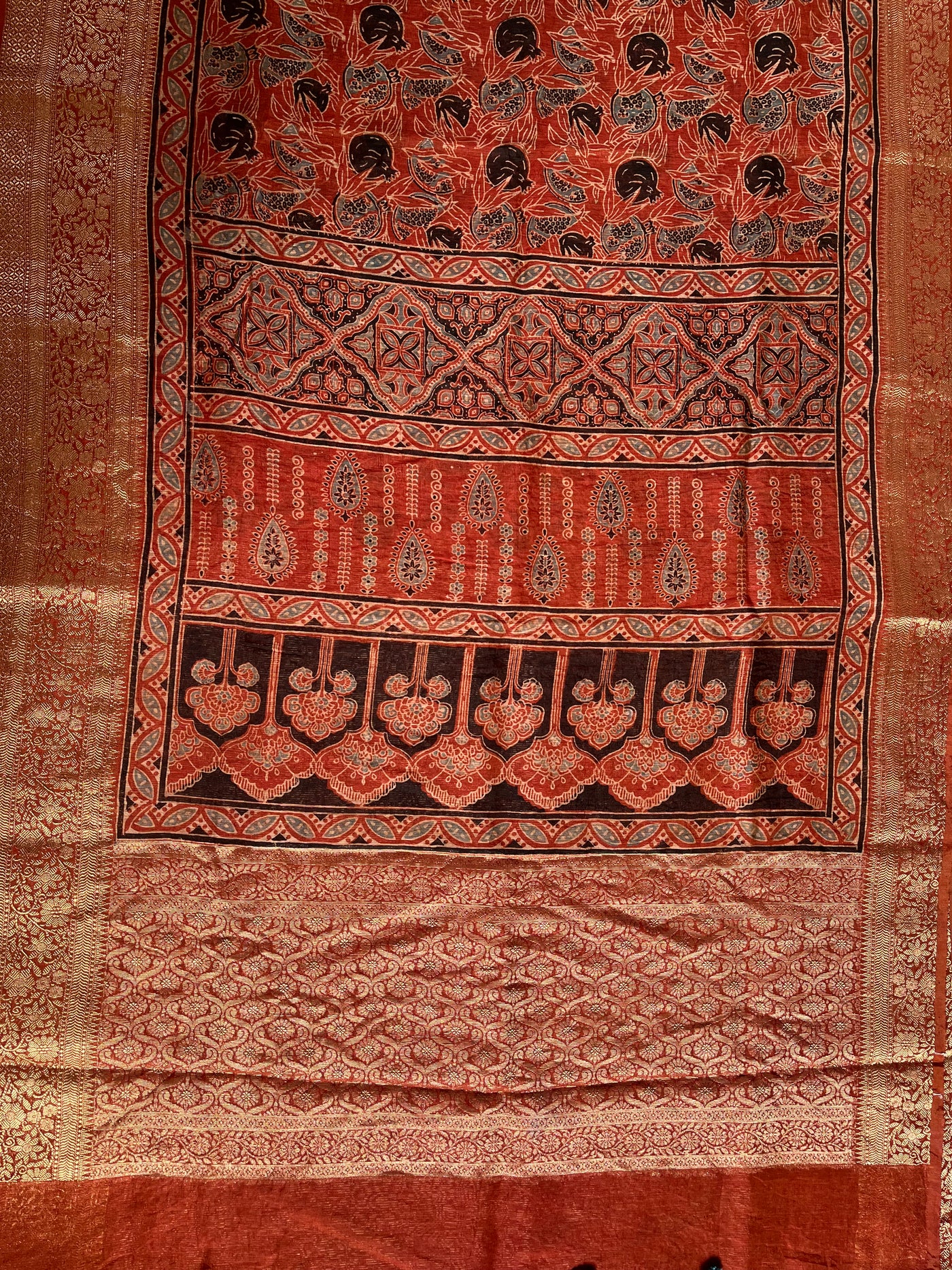 KAVYANJALI: HANDBLOCK AJRAKH PURE SILK-LINEN SAREE with MEENAKARI BORDER