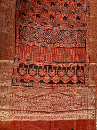 KAVYANJALI: HANDBLOCK AJRAKH PURE SILK-LINEN SAREE with MEENAKARI BORDER