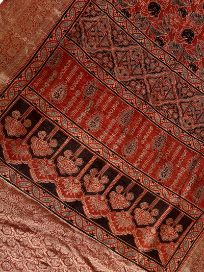 KAVYANJALI: HANDBLOCK AJRAKH PURE SILK-LINEN SAREE with MEENAKARI BORDER