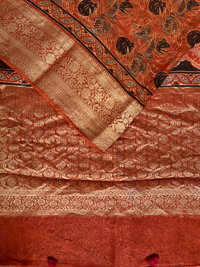 KAVYANJALI: HANDBLOCK AJRAKH PURE SILK-LINEN SAREE with MEENAKARI BORDER