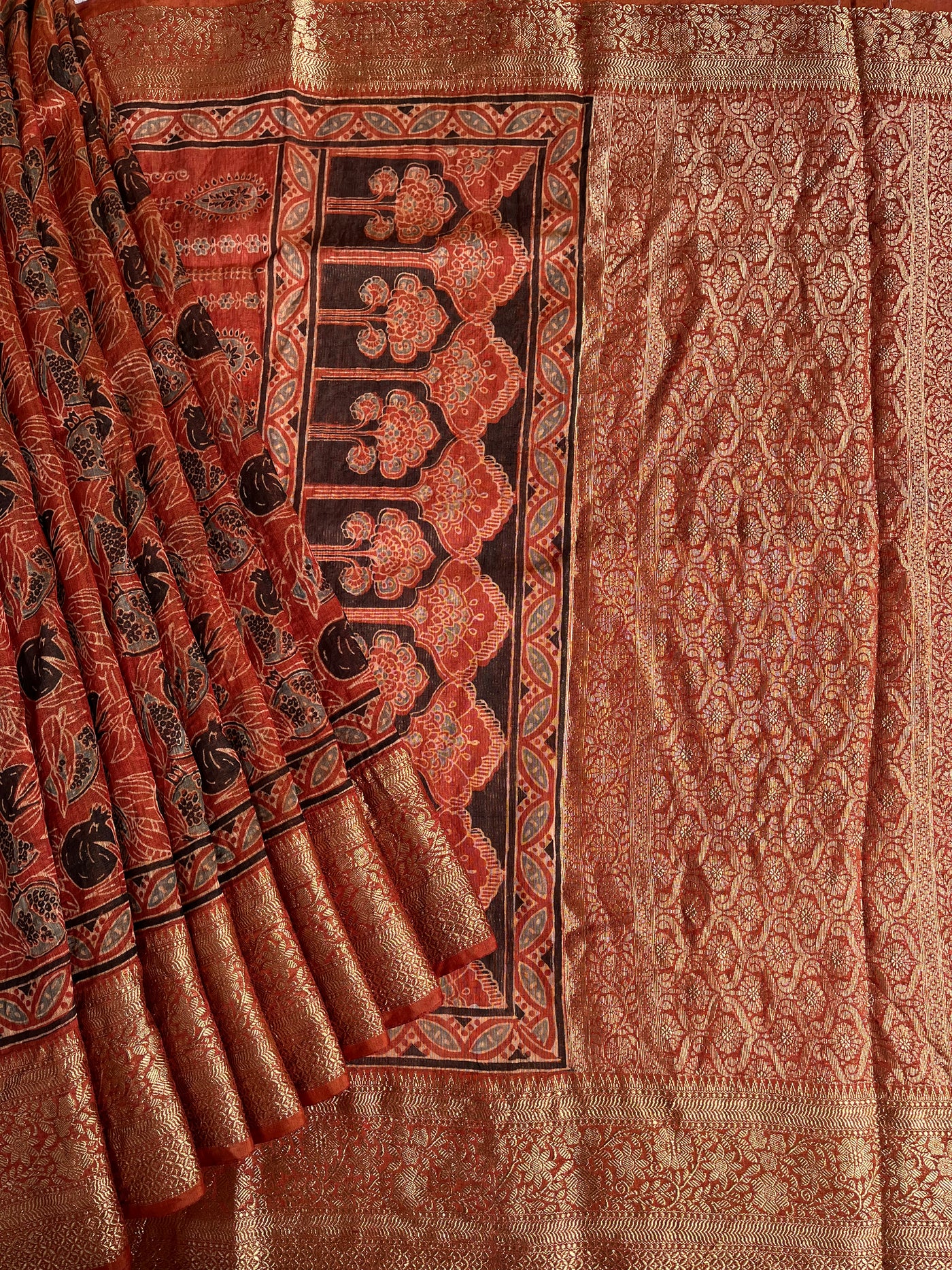 KAVYANJALI: HANDBLOCK AJRAKH PURE SILK-LINEN SAREE with MEENAKARI BORDER