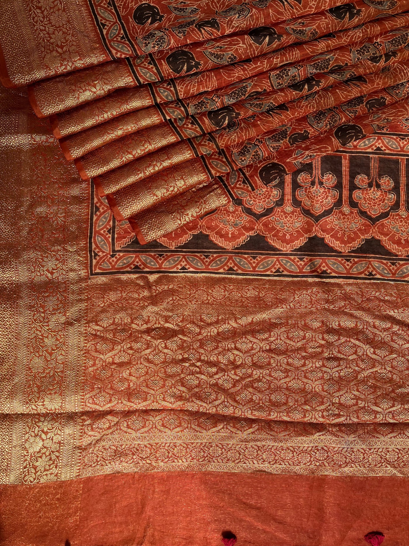 KAVYANJALI: HANDBLOCK AJRAKH PURE SILK-LINEN SAREE with MEENAKARI BORDER