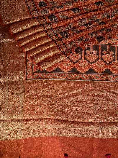 KAVYANJALI: HANDBLOCK AJRAKH PURE SILK-LINEN SAREE with MEENAKARI BORDER