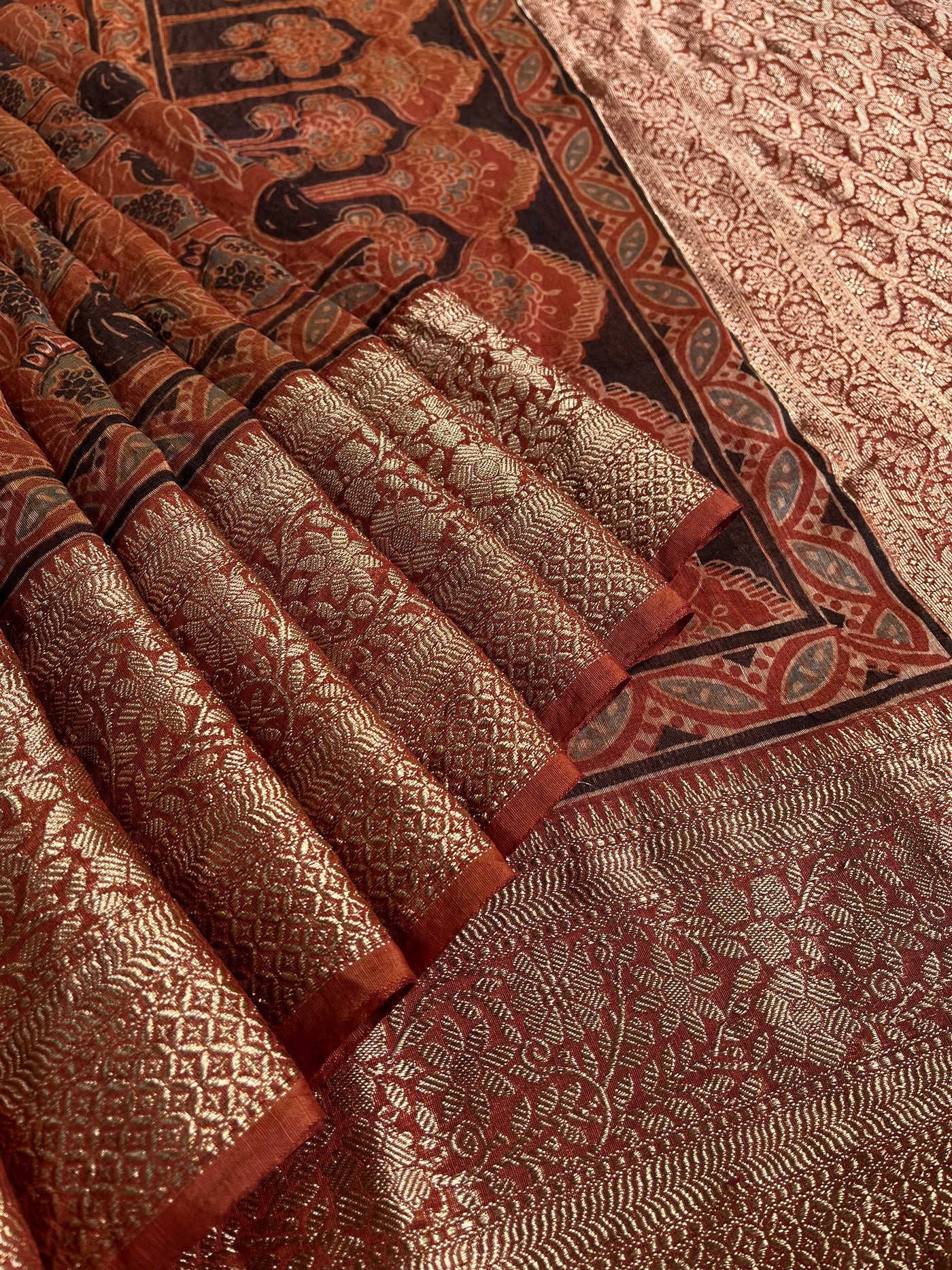 KAVYANJALI: HANDBLOCK AJRAKH PURE SILK-LINEN SAREE with MEENAKARI BORDER