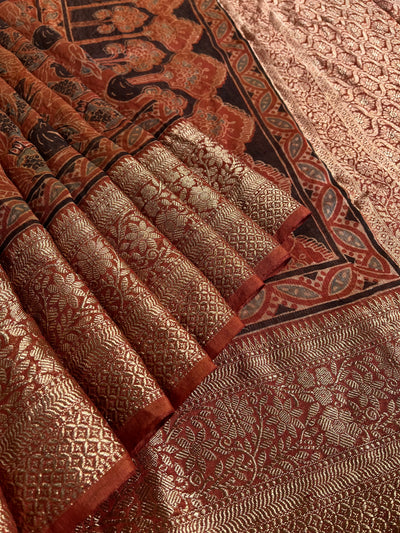 KAVYANJALI: HANDBLOCK AJRAKH PURE SILK-LINEN SAREE with MEENAKARI BORDER