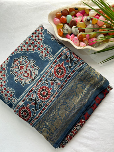 Devi:Premium Dola Silk Meenakari Tissue Ajrakh