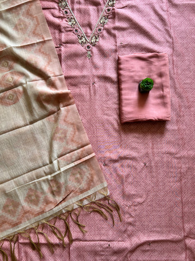 RUHANI: PRINTED MUSLIN SILK 3 PIECE SUIT SET WITH NECK HANDWORK.