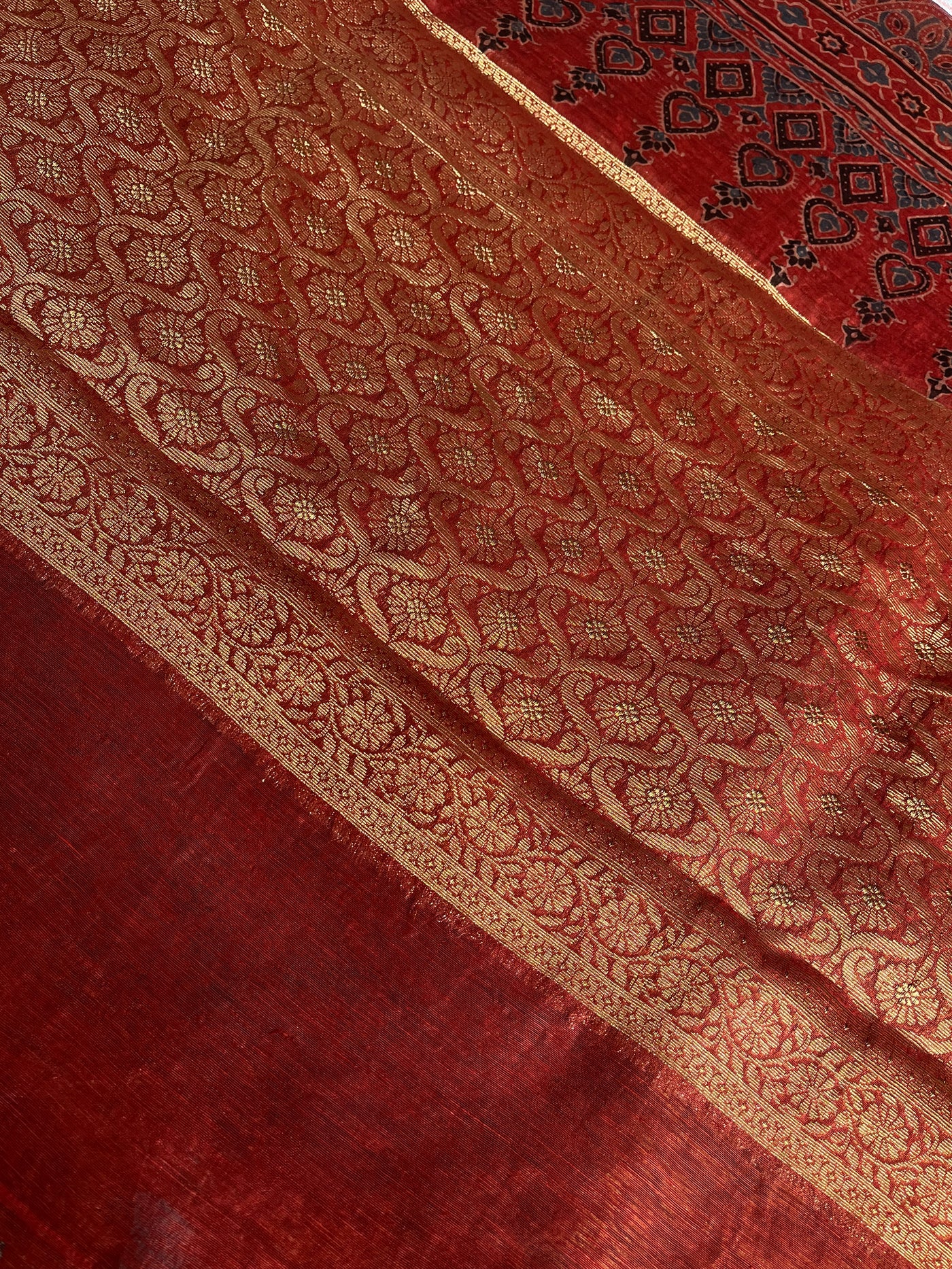 SNEHLATA: HANDBLOCK AJRAKH PURE SILK-LINEN SAREE with MEENAKARI BORDER
