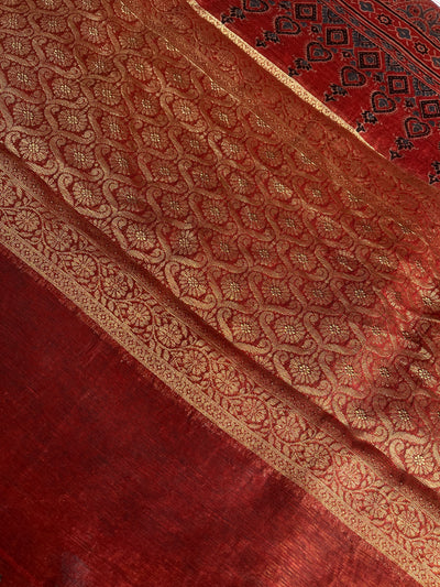 SNEHLATA: HANDBLOCK AJRAKH PURE SILK-LINEN SAREE with MEENAKARI BORDER