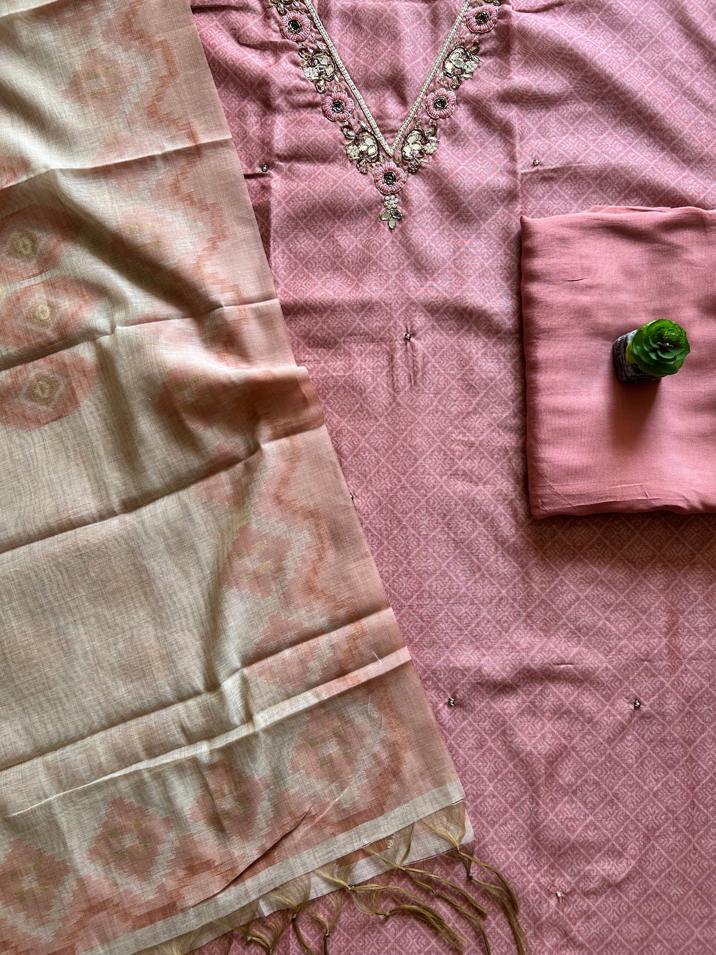 RUHANI: PRINTED MUSLIN SILK 3 PIECE SUIT SET WITH NECK HANDWORK.