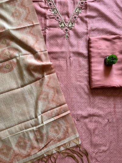 RUHANI: PRINTED MUSLIN SILK 3 PIECE SUIT SET WITH NECK HANDWORK.