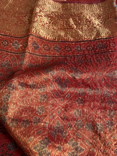 SNEHLATA: HANDBLOCK AJRAKH PURE SILK-LINEN SAREE with MEENAKARI BORDER