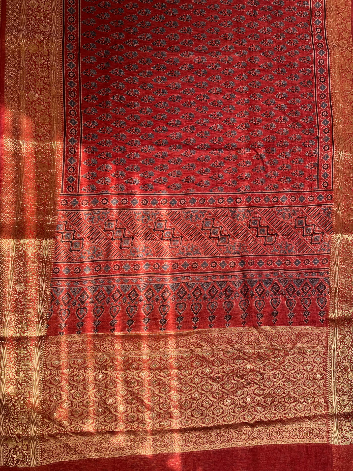SNEHLATA: HANDBLOCK AJRAKH PURE SILK-LINEN SAREE with MEENAKARI BORDER